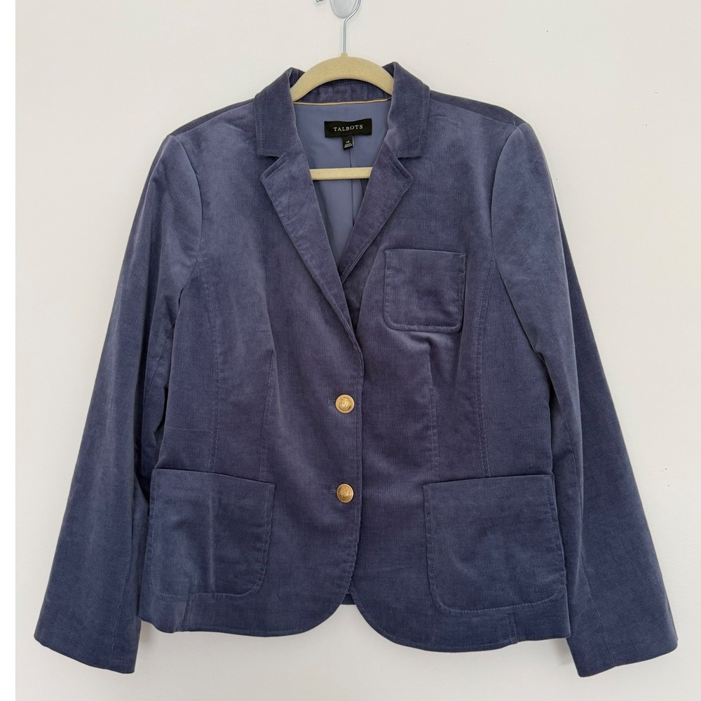 Talbots Corduroy Blue Gold Two Button Blazer Jacket Sz 14 Office Workwear